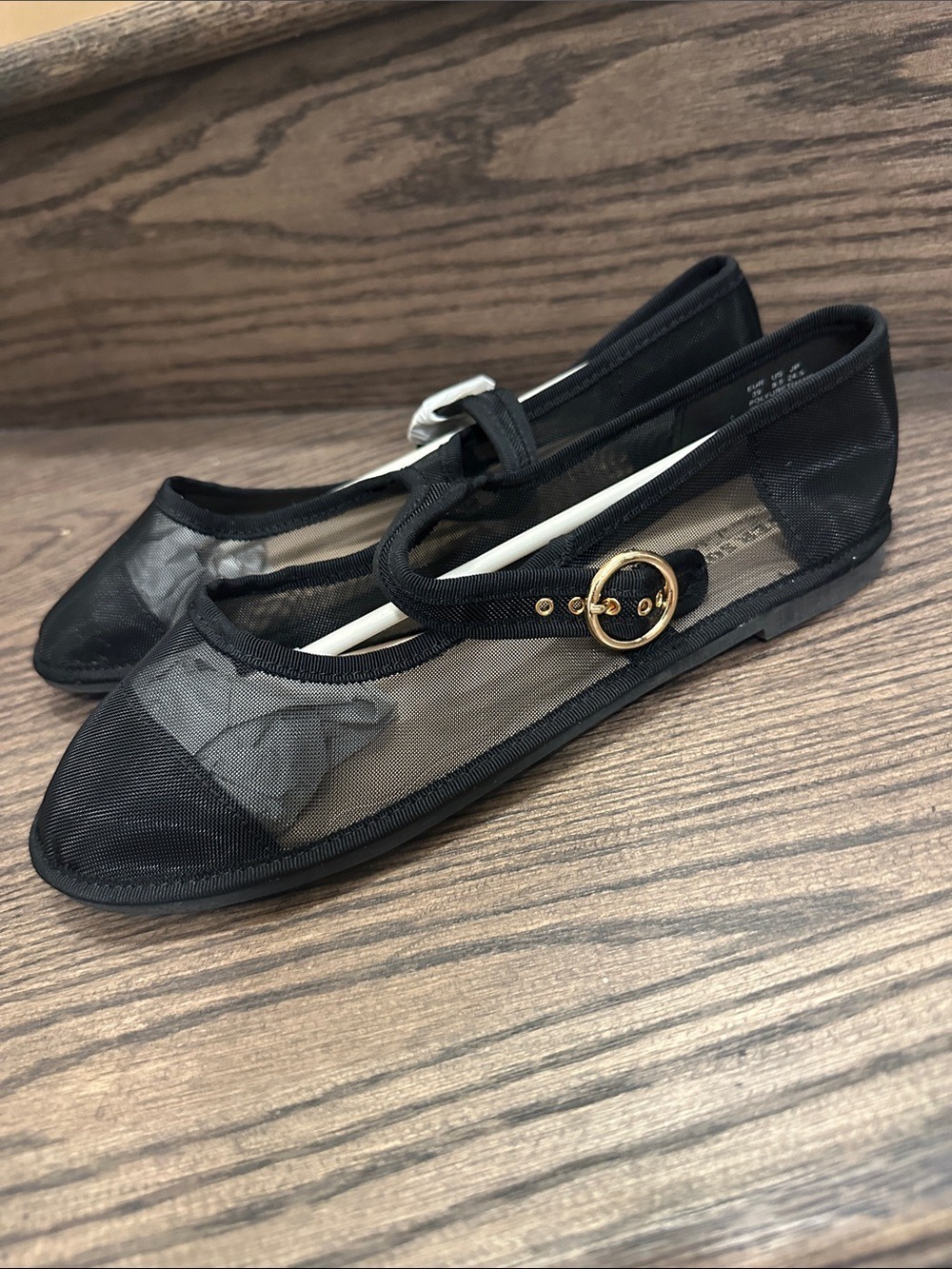 Women’s Black Mesh Mary Jane Flats with Gold Accent